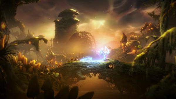 Screenshot from Ori and the Will of the Wisps showing Ori glowing on a mossy bridge in a vibrant, mystical forest setting.