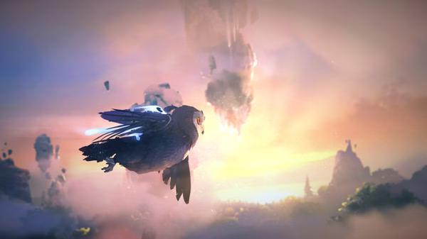 Screenshot from Ori and the Will of the Wisps featuring a large bird soaring through a vibrant, cloudy sky with floating islands.