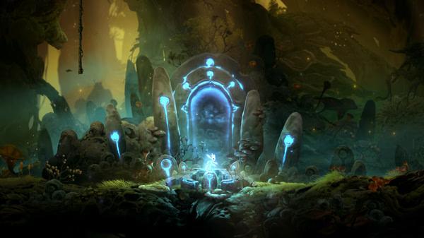 Screenshot of Ori and the Will of the Wisps showing Ori standing near a glowing blue circular shrine in a lush forest setting.