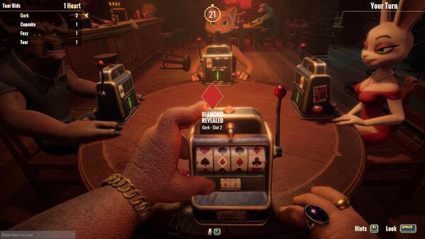 Screenshot from Liar's Bar game shows a player's hand holding a slot machine lever with characters seated around a table.