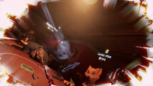 Screenshot from Liar's Bar game showing characters in a dimly lit room, with names above them, engaging in conversation.