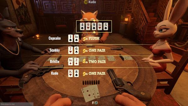 Screenshot from Liar's Bar: Anthropomorphic characters play poker at a round table, cards and guns visible, showing hand rankings.