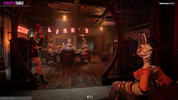 Screenshot from Liar's Bar showing a zebra-character seated while others play cards under neon "LIAR'S" signs in a dim bar.