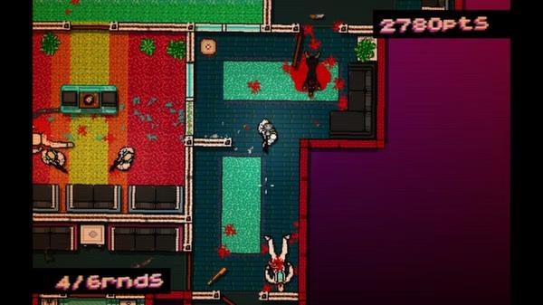 Hotline Miami screenshot: A masked character stands in a room with bloodstains and bodies, showing 2780 points and 4/6 rounds.