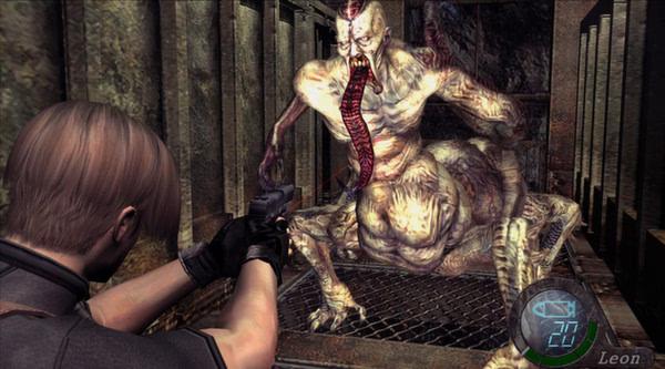 Resident Evil 4 (2005) screenshot: Leon aims his weapon at a grotesque monster in a dark, industrial setting.