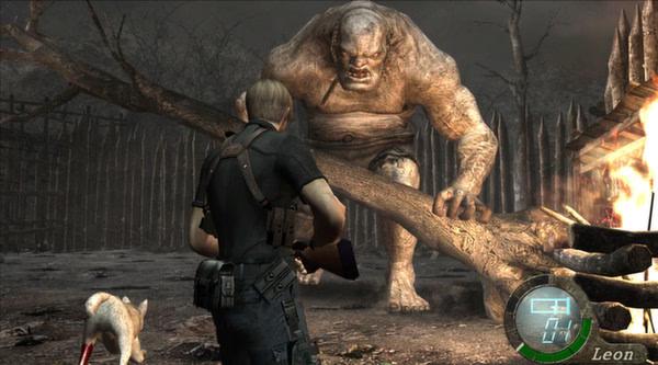 Resident Evil 4 (2005) screenshot: Leon faces a giant creature in a forest clearing, armed with a shotgun.
