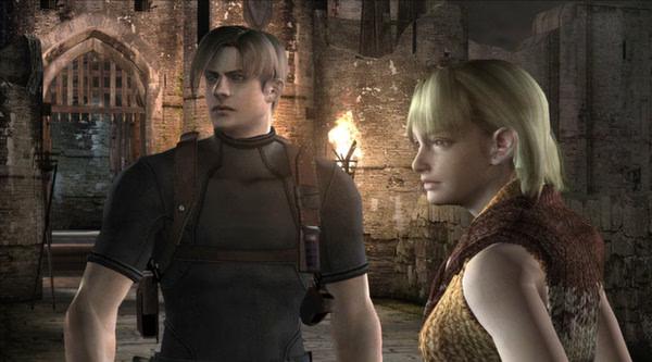Screenshot from Resident Evil 4 (2005) showing two characters, Leon and Ashley, standing in front of a medieval-style gate.