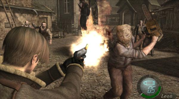 Leon shoots at chainsaw-wielding enemy in village scene; other attackers approach in Resident Evil 4 (2005) screenshot.