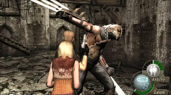 Resident Evil 4 (2005) screenshot: Leon faces a chained enemy in a dilapidated stone courtyard, with Ashley visible nearby.