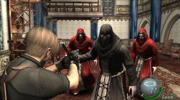 Resident Evil 4 (2005) screenshot: Leon aims a pistol at three hooded figures in a dimly lit ornate room.