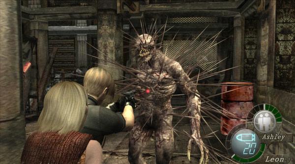 Leon and Ashley face a spiked enemy in a combat scene from Resident Evil 4 (2005). Screenshot shows tense action in a gritty environment.