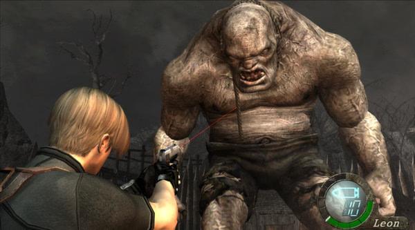 Resident Evil 4 (2005) screenshot: Leon aims a laser-sighted gun at a towering, menacing creature in a dark, eerie setting.