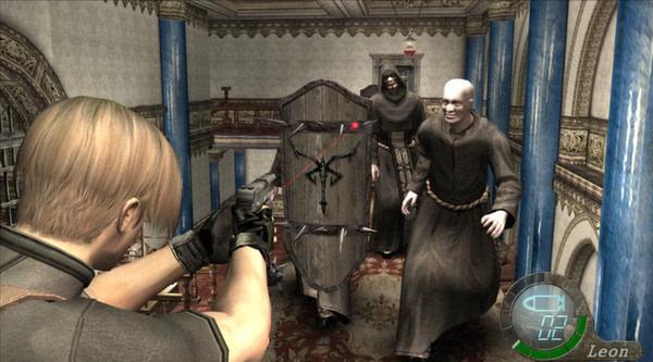 Resident Evil 4 (2005) screenshot: Leon aims at hooded enemies approaching with shields in an ornate, dimly lit hall.