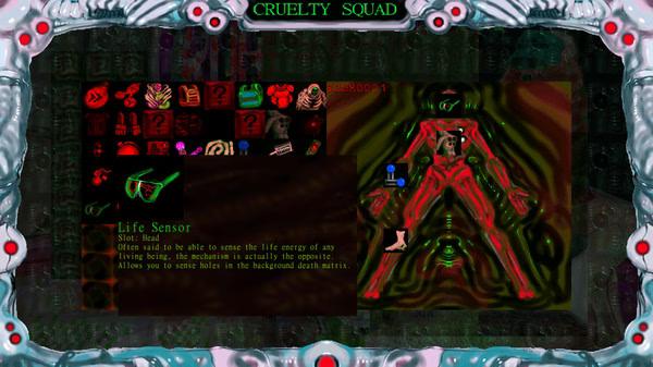 Cruelty Squad screenshot: Inventory menu displayed with various items and a highlighted "Life Sensor" description in a surreal interface.