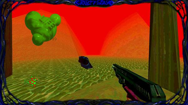 Cruelty Squad screenshot: A player holds a shotgun facing two floating objects against a red sky and textured ground.