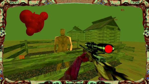 Screenshot from Cruelty Squad: A player aims a sniper rifle at a humanoid figure near green buildings in a surreal, distorted environment.