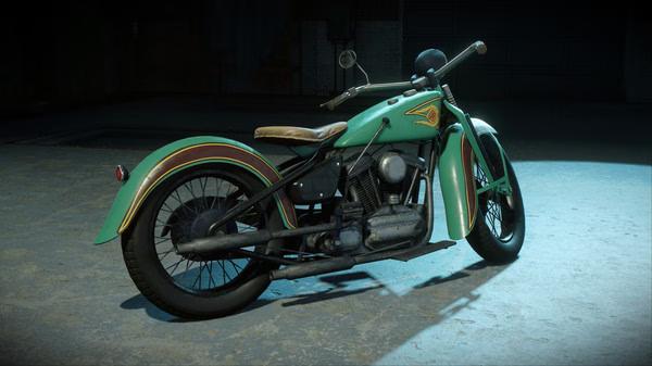 Screenshot from Mafia: Definitive Edition showing a detailed, vintage green motorcycle parked indoors.