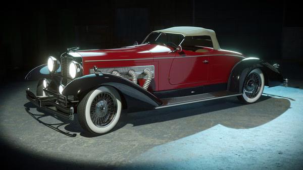 Mafia: Definitive Edition screenshot featuring a classic red convertible parked in a dimly lit garage.