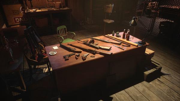 Screenshot from Mafia: Definitive Edition showing a wooden table with various guns, ammo, and a chair in a dimly lit room.