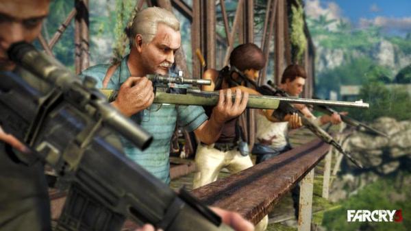 Far Cry 3 screenshot showing three characters holding rifles on a wooden bridge surrounded by lush green jungle scenery.