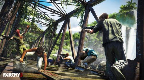 Far Cry 3 screenshot: Four armed characters engage in a firefight on a rusty bridge surrounded by lush greenery and a waterfall.