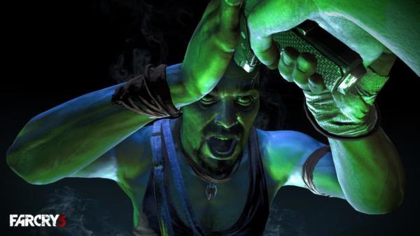 Far Cry 3 screenshot: A character is held at gunpoint, arms raised defensively against a dark, smoky background.