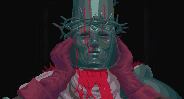 Blasphemous screenshot: A character with a spiked helmet and red gloves holds a blood-soaked cloth against their face.