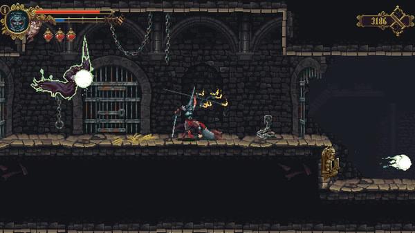 Blasphemous screenshot: A warrior confronts a ghostly enemy in a dark dungeon, with health bars and an open treasure chest visible.