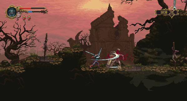 Blasphemous screenshot: A warrior battles a grotesque enemy with a sword in a dark, eerie landscape under a red sky.