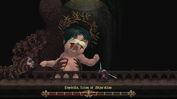 Blasphemous screenshot: A large creature, "Exposito, Scion of Abjuration," faces a sword-wielding character on a bridge.