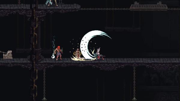 Blasphemous screenshot: The Penitent One attacks an armored enemy with a crescent-shaped slash on a dark, platform-filled stage.
