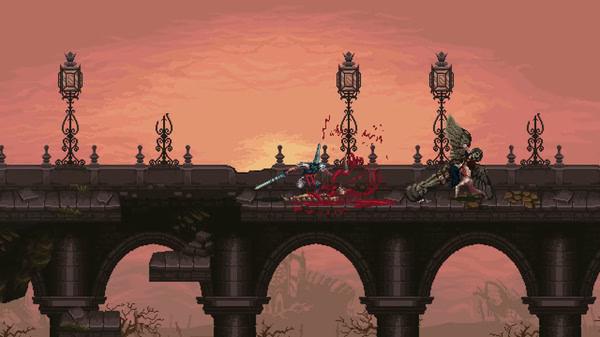 Blasphemous screenshot: A warrior battles a winged enemy on a crumbling bridge under a fiery sunset sky.