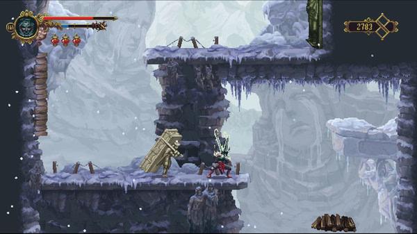 Blasphemous screenshot: A character in a snowy, rocky landscape stands ready with a sword, facing a wooden enemy.