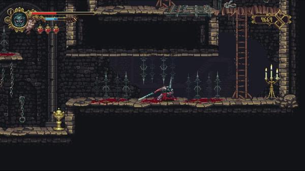 Blasphemous screenshot: The Penitent One stands amidst bloodstained floors, spikes, and ladders in a dark, eerie dungeon setting.