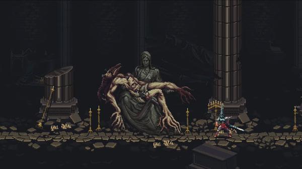 Blasphemous screenshot: The Penitent One faces a monstrous figure held by a statue amidst dark columns and candles.