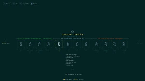 Screenshot from Caves of Qud showing character creation screen with various archetype options available for selection.