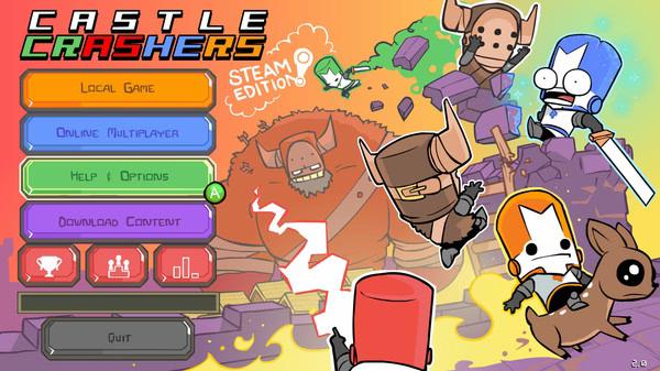 Castle Crashers screenshot: Characters battle a giant beast surrounded by colorful menu options on the right side.