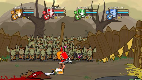 Castle Crashers screenshot: Characters battle in front of a wooden fence with a crowd of green armored soldiers watching.