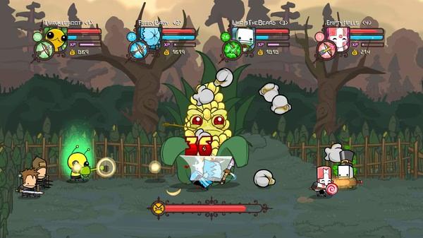 Castle Crashers screenshot: Players battle a giant corn boss in a forest setting, using various weapons and abilities.