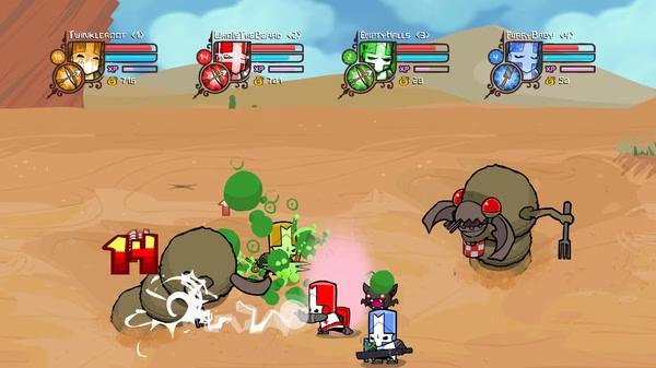 Castle Crashers screenshot: Four knights battle giant insect monsters in a desert environment with health bars visible.