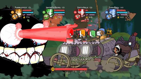 Screenshot of Castle Crashers showing four knights battling a giant black creature with red laser eyes on a moving wagon.