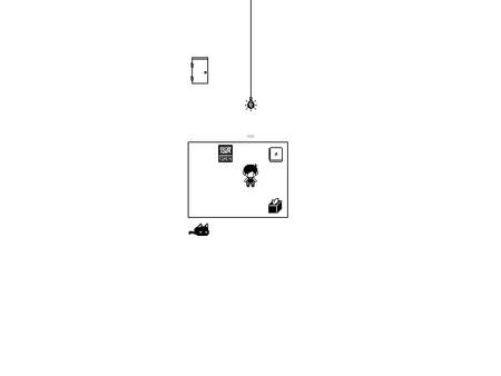 OMORI screenshot: A character stands in a black-and-white room with a door, a light bulb, and a cat lying on the floor.