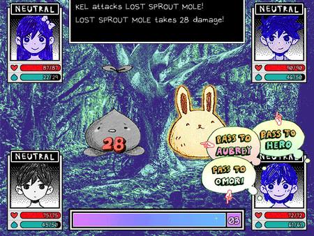 Screenshot from OMORI showing a battle scene with characters Kel, Aubrey, Hero, and Omori fighting Lost Sprout Mole and a bunny.
