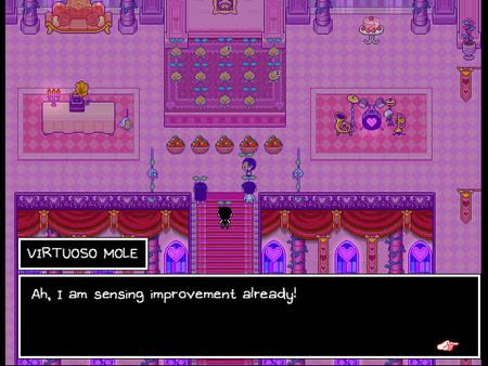 OMORI screenshot: Virtuoso Mole converses with a character in a purple-toned, lavishly decorated ballroom.