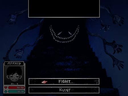 OMORI screenshot: A character faces a dark, looming creature with teeth on stairs, choosing between "Fight" or "Run!" options.
