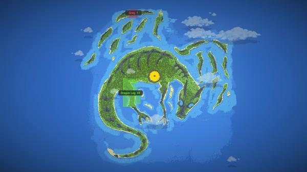 Screenshot from WorldBox - God Simulator showing a dragon-shaped island in a blue ocean with clouds and labeled regions.