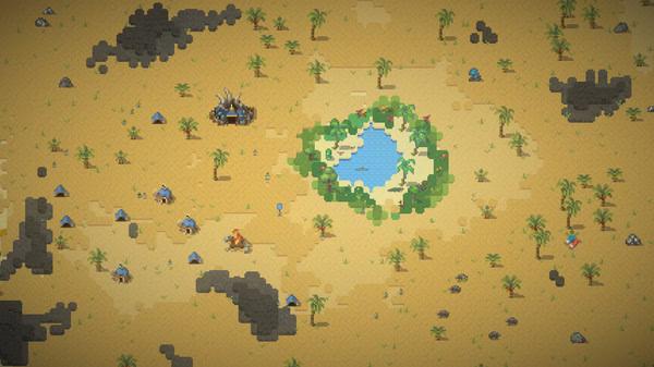 Screenshot of WorldBox - God Simulator showing a desert landscape, small settlements, and a central oasis with surrounding greenery.