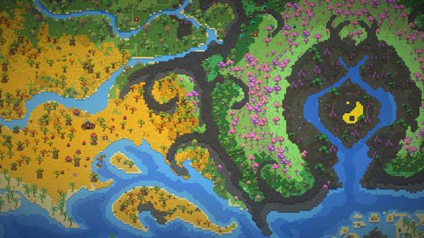 Screenshot from WorldBox - God Simulator showing a colorful map with forests, rivers, and twisting dark patterns across the landscape.