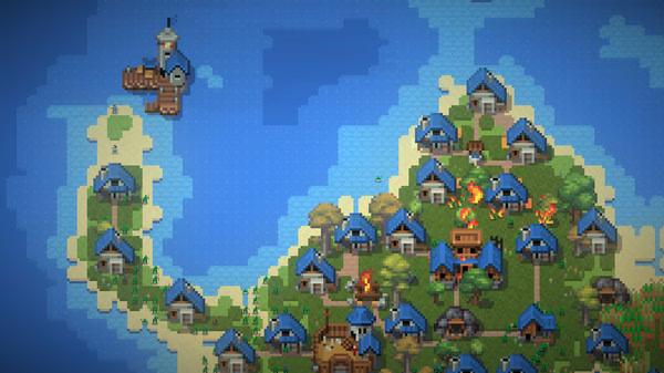 WorldBox - God Simulator screenshot: An island village with blue-roofed houses, some on fire, near the ocean.