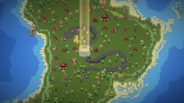 WorldBox - God Simulator screenshot showing a green island with villages, forests, and a beam of light highlighting a central area.
